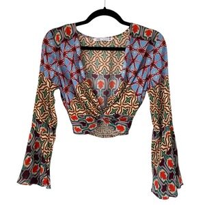 Zara Midriff‎ Crop Twist Top Size S Boho Multi Color Festival Flare Long Sleeve